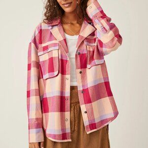 Free People • Oversized Izzy Pink Peach Buffalo Checker Cotton Shirt Jacket • XS
